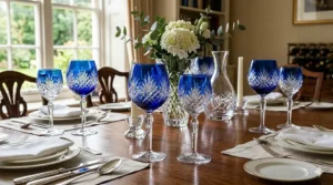 A modern dinner party setting featuring blue crystal wine glasses paired with silver cutlery and white plates.