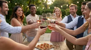 A group of people raising various styles of plastic wine glasses for a celebratory toast.