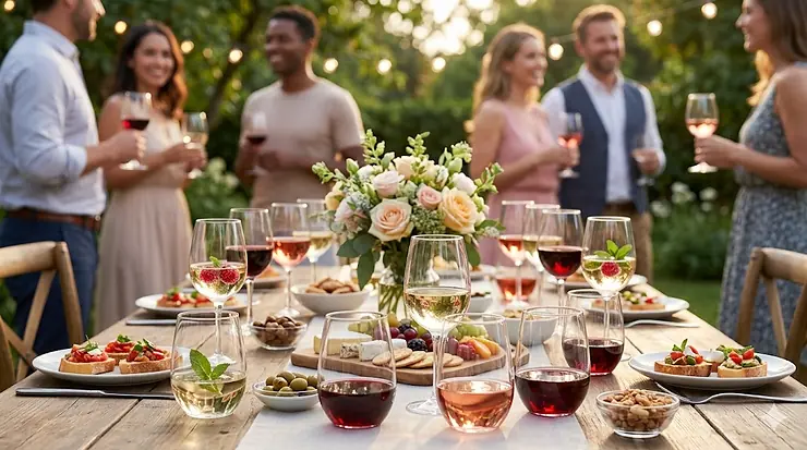 A festive outdoor garden party table set with elegant clear plastic wine glasses and colorful appetizers. plastic wine glasses for party