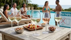 Safe plastic wine glasses resting on a table next to a swimming pool during a summer party.