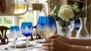 White wine being poured into a stemmed blue crystal wine glass against a soft-focus background.