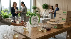An illustration of eco-friendly and recyclable disposable wine glasses in bulk with a green sustainability icon.
