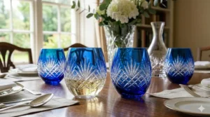 Contemporary stemless blue crystal wine glasses featuring a textured diamond pattern.