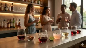 Illustration of modern stemless plastic wine glasses being used at a casual indoor cocktail party.