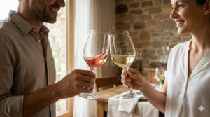 Two people toasting with German crystal wine glasses, illustrating the characteristic long-lasting ring of authentic crystal.