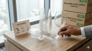 An instructional illustration showing how to assemble two-piece disposable wine glasses bought in bulk.