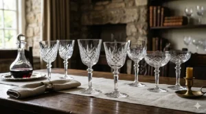 A photorealistic 4K photograph capturing an elegant arrangement of various antique crystal wine glass shapes, from large goblets to smaller coupes, displayed on a dark wood table.