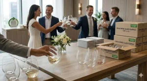 A group of wedding guests raising disposable wine glasses in a toast, showcasing bulk party supplies in action.
