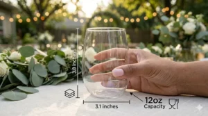 A 12oz disposable stemless wine glass with dimensions shown for scale and capacity.