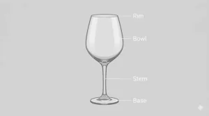 A clean infographic diagram labeling the four main parts (Rim, Bowl, Stem, Base) of a large-bowled red glass wine glass.