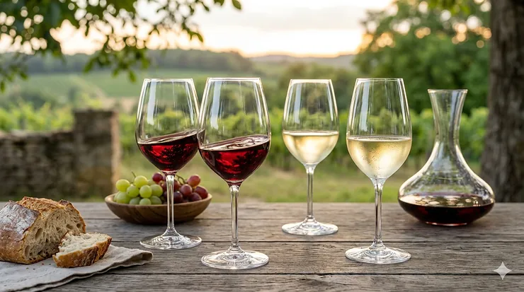 Elegant table setting featuring crystal clear tritan wine glasses filled with red and white wine next to a decanter.