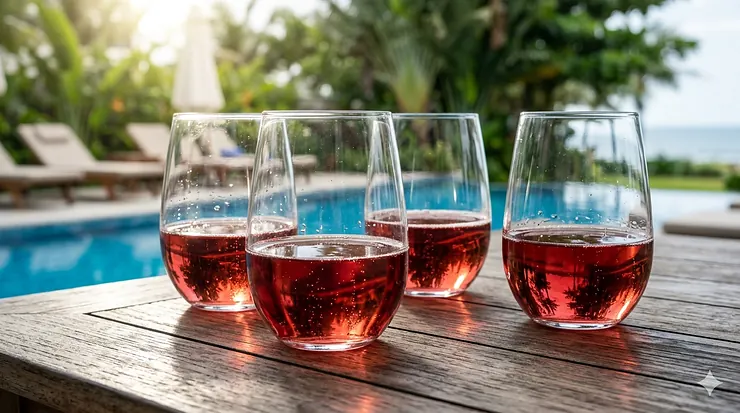 Four crystal-clear unbreakable stemless wine glasses filled with rosé wine on an outdoor table. unbreakable wine glasses
