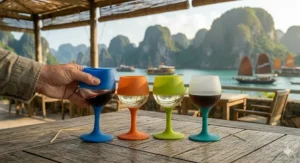 Close up of high quality BPA free food grade silicone wine glasses showing material texture.
