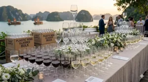 Elegant wedding table setting featuring premium plastic wine glasses purchased in bulk.
