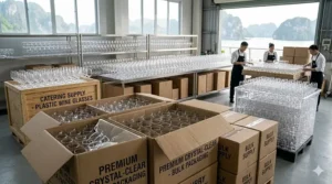 Professional catering box containing a bulk order of crystal-clear plastic wine glasses.