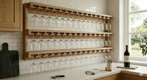 Industrial ceiling-hanging glass wine glass rack installed above a home bar island.