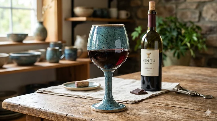 Handmade ceramic wine glass with blue speckled glaze sitting next to a wine bottle on a rustic wooden table.