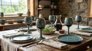 An elegant modern rustic dining table setting in a sunlit Yen Tu workshop, featuring a handcrafted ceramic wine glass with traditional blue patterns and speckled earthenware plates.