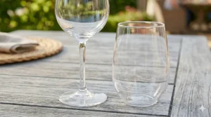 A detailed presentation of two different empty clear Dollar Tree plastic wine glass styles, one stemmed and one stemless.