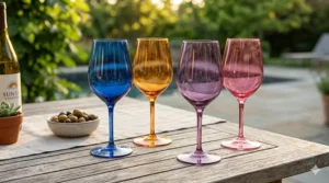 A collection of vibrant, multi-colored acrylic wine glasses including blue, pink, and amber tints.