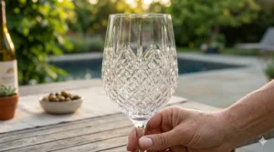 A close-up of a crystal-clear textured acrylic wine glass showing the diamond pattern detail.