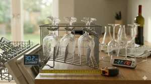 Illustration demonstrating how to measure dishwasher rack height to ensure your dishwasher safe wine glasses fit without touching the spray arm.