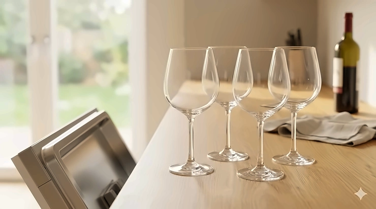 A sparkling clean set of dishwasher safe wine glasses arranged on a modern kitchen counter next to a bottle of red wine.