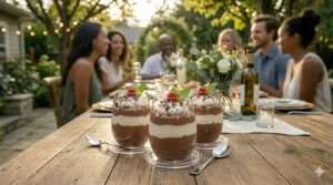 Creative use of disposable stemless wine glasses for serving layered chocolate mousse desserts.