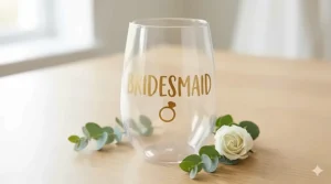 A personalized clear Dollar Tree plastic wine glass decorated with custom gold vinyl lettering and bridal sprigs.