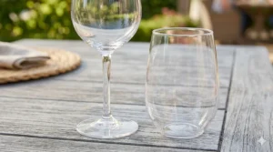 Side-by-side comparison of a traditional stemmed and a modern stemless clear Dollar Tree plastic wine glass.