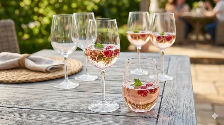 A close-up view of elegant clear Dollar Tree plastic wine glasses filled with rosé wine and raspberries on a weathered wood patio table.