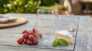 A durable clear Dollar Tree plastic wine glass set up on a picnic blanket with cheese and grapes.