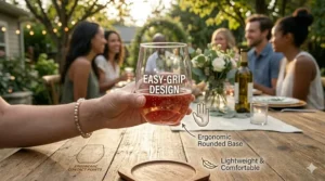 A person holding a lightweight disposable stemless wine glass demonstrating its ergonomic, easy-grip shape.