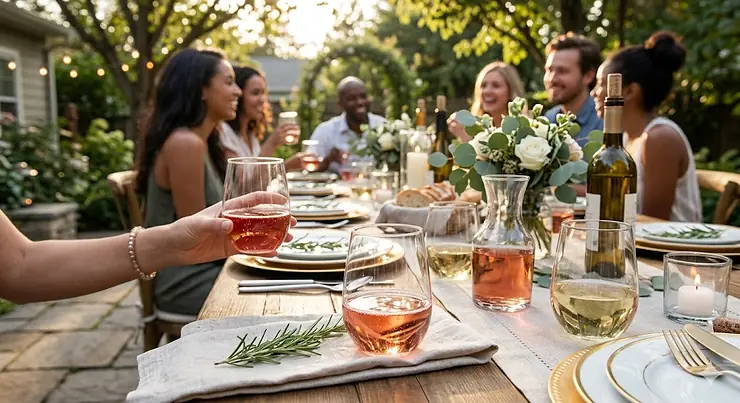 A set of elegant disposable stemless wine glasses filled with rose wine on a decorated party table.