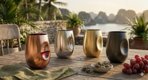 Set of four ergonomic stemless stainless steel wine glasses in various metallic colors like rose gold and charcoal.