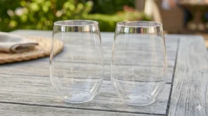 A detailed shot of fancy Dollar Tree plastic wine glasses featuring a decorative metallic silver rim.