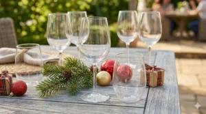 A holiday table arrangement featuring festive decorations and clear Dollar Tree plastic wine glasses ready for a party.