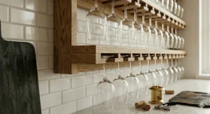 Diagram showing the height and width measurements for installing a standard glass wine glass rack under a cabinet.