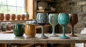 An artisanal collection of diverse glazed ceramic wine glasses, including stemmed and stemless designs, arranged on a weathered wooden shelf in a sunlit pottery studio at Yen Tu, showing colorful glossy finishes and intricate traditional patterns.