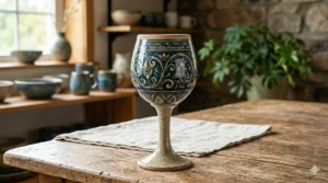 A handcrafted earthenware ceramic wine goblet with traditional blue and green hand-painted patterns, sitting on a weathered wood table in soft daylight.
