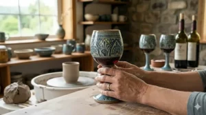 A close-up photograph of hands holding a handcrafted earthenware ceramic wine cup, featuring complex traditional blue and green patterns, inside a sunlit pottery workshop at Yen Tu, showing tactile texture and human scale.
