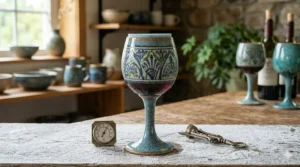 A handcrafted earthenware ceramic wine cup, identical to image_10.png, resting on a frost-covered wooden surface. Visible condensation beads on the textured blue and green patterned clay, and an antique thermometer reading 14°C, showcase its exceptional thermal performance for keeping wine chilled.