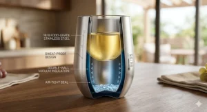 A cross-section illustration showing the double-wall vacuum insulation of a stainless steel wine glass keeping white wine chilled.