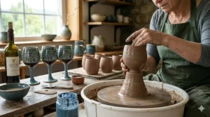 An artisan’s clay-covered hands guide wet brown clay as they spin and shape a new ceramic wine glass bowl on a pottery wheel in a sunlit Yen Tu workshop, with finished glasses visible in the background.