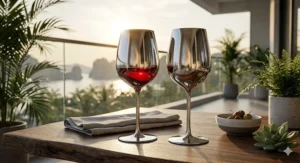 Minimalist graphic of silver stemmed stainless steel wine glasses with a polished mirror finish.