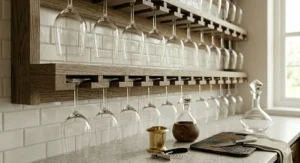 Three-row black metal glass wine glass rack organized inside a kitchen pantry cabinet.