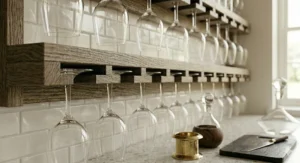 Before and after comparison of cluttered cabinets versus an organized kitchen counter using a glass wine glass rack.