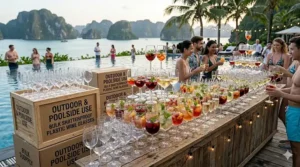 Large set of plastic wine glasses being used at a poolside party for safety and convenience.