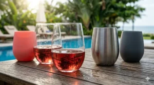 Elegant shatterproof wine glasses sitting on a wooden deck by a luxury swimming pool.