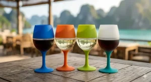 Flexible silicone wine glasses squished neatly inside a camping backpack for travel.